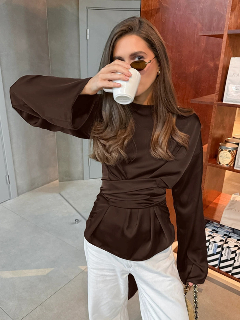 Forever 21 Fall Winter Deep Brown Asymmetric Waist Tie Blouse Office
